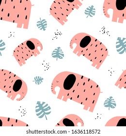 Vector color hand-drawn seamless repeating childish pattern with cute elephants and monstera leaves in Scandinavian style on a white background. Seamless kids scandy pattern. Cute animals. 