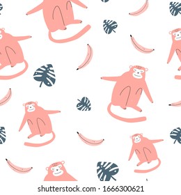 Vector color hand-drawn seamless repeating childish pattern with cute monkeys, monstera leaves and bananas in Scandinavian style on a white background. Seamless kids scandy pattern. Cute animals.