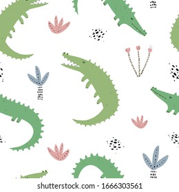 Vector color hand-drawn seamless repeating childish pattern with cute green crocodiles, palm trees and plants in Scandinavian style on a white background. Seamless pattern with crocodiles. Baby animal