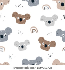 Vector color hand-drawn seamless repeating childish pattern with cute koalas and rainbow in Scandinavian style on a white background. Seamless kids scandy pattern. Cute animals. Scandi koalas pattern