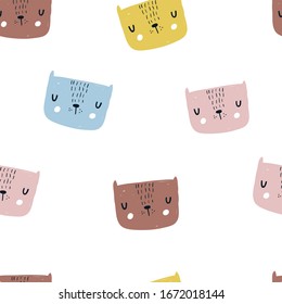 Vector color hand-drawn seamless repeating childish pattern with cute cats in Scandinavian style on a white background. Seamless kids pattern. Cute animals. Cats pattern