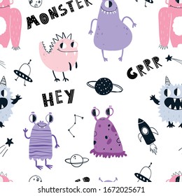 Vector color hand-drawn seamless repeating childish pattern with cute monsters aliens and space doodles on a white background. Seamless pattern with space monsters. Baby pattern. Space.