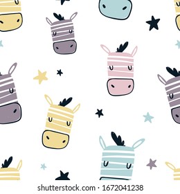 Vector color hand-drawn seamless repeating childish pattern with cute zebras and stars in Scandinavian style on a white background. Seamless kids scandy pattern. Cute animals. Zebras pattern
