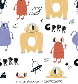 Vector color hand-drawn seamless repeating childish pattern with cute monsters aliens and space doodles on a white background. Seamless pattern with space monsters. Baby pattern. Space.
