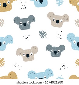 Vector color hand-drawn seamless repeating childish pattern with cute koalas and monstera in Scandinavian style on a white background. Seamless kids scandy pattern.Cute animals. Scandi koalas pattern