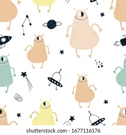 Vector color hand-drawn seamless repeating childish pattern with cute monsters aliens and space doodles on a white background. Seamless pattern with space monsters. Baby pattern. Space.

