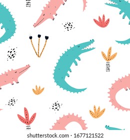 Vector color hand-drawn seamless repeating childish pattern with cute green crocodiles, palm trees and plants in Scandinavian style on a white background. Seamless pattern with crocodiles. Baby animal