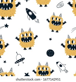 Vector color hand-drawn seamless repeating childish pattern with cute yellow monsters aliens and space doodles on a white background. Seamless pattern with space monsters. Baby pattern. Space.
