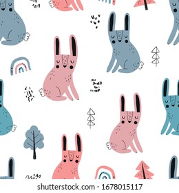 Vector color hand-drawn seamless repeating childish pattern with cute bunnies in Scandinavian style on a white background. Seamless kids scandy pattern. Cute animals. Bunnies pattern