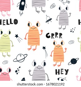 Vector color hand-drawn seamless repeating childish pattern with cute monsters aliens and space doodles on a white background. Seamless pattern with space monsters. Baby pattern. Space.
