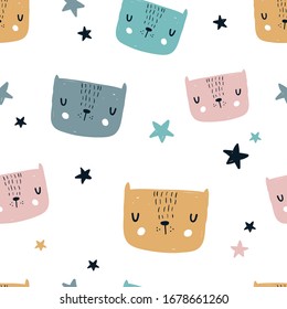 Vector color hand-drawn seamless repeating childish pattern with cute cats and stars in Scandinavian style on a white background. Seamless kids pattern. Cute animals. Cats pattern
