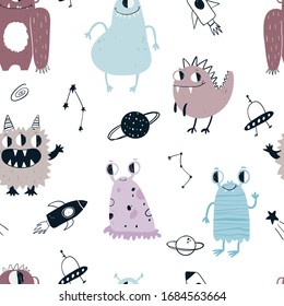 Vector color hand-drawn seamless repeating childish pattern with cute monsters aliens and space doodles on a white background. Seamless pattern with space monsters. Baby pattern. Space.
