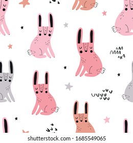 Vector color hand-drawn seamless repeating childish pattern with cute bunnies in Scandinavian style on a white background. Seamless kids scandy pattern. Cute animals. Bunnies pattern
