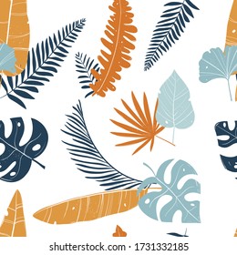 Vector color hand-drawn seamless repeating pattern with tropical leaves on a white background. Botanical seamless tropical pattern with bright leaves and plants. Palm and monstera dense jungle. 