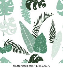 Color vectorial patrón de repetición sin fisuras dibujado a mano con hojas tropicales sobre un fondo blanco. Patrón tropical sin costuras botánicas con hojas y plantas brillantes. Selva densa de palmeras y monsteras.
