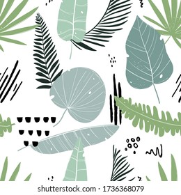 Vector color hand-drawn seamless repeating pattern with tropical leaves on a white background. Botanical seamless tropical pattern with bright leaves and plants. Palm and monstera dense jungle.
