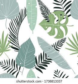 Color vectorial patrón de repetición sin fisuras dibujado a mano con hojas tropicales sobre un fondo blanco. Patrón tropical sin costuras botánicas con hojas y plantas brillantes. Selva densa de palmeras y monsteras.
