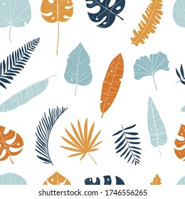 Vector color hand-drawn seamless repeating pattern with tropical leaves on a white background. Botanical seamless tropical pattern with bright leaves and plants.
