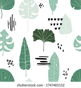 Vector color hand-drawn seamless repeating pattern with tropical leaves on a white background. Botanical seamless tropical pattern with bright leaves and plants.
