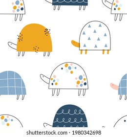 Vector color hand-drawn seamless repeating childish pattern with cute doodle turtles in Scandinavian style on a white background. Kids texture for fabric, wrapping, textile, wallpaper, apparel.