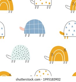 Vector color hand-drawn seamless repeating childish pattern with cute doodle turtles in Scandinavian style on a white background. Kids texture for fabric, wrapping, textile, wallpaper, apparel.
