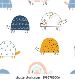 Vector color hand-drawn seamless repeating childish pattern with cute doodle turtles in Scandinavian style on a white background. Kids texture for fabric, wrapping, textile, wallpaper, apparel.