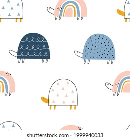Vector color hand-drawn seamless repeating childish pattern with cute doodle turtles in Scandinavian style on a white background. Kids texture for fabric, wrapping, textile, wallpaper, apparel.