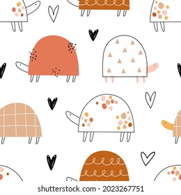 Vector color hand-drawn seamless repeating childish pattern with cute doodle turtles in Scandinavian style on a white background. Kids texture for fabric, wrapping, textile, wallpaper, apparel.