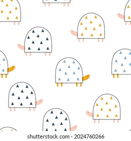 Vector color hand-drawn seamless repeating childish pattern with cute doodle turtles in Scandinavian style on a white background. Kids texture for fabric, wrapping, textile, wallpaper, apparel.