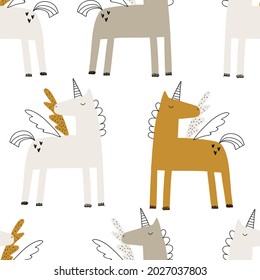 Vector color hand-drawn seamless repeating childish pattern with cute unicorns in Scandinavian style on a white background. Kids texture for fabric, wrapping, textile, wallpaper, apparel. Horse.