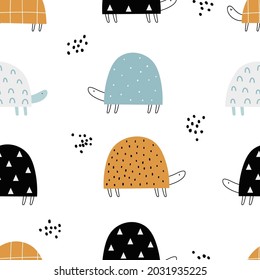 Vector color hand-drawn seamless repeating childish pattern with cute doodle turtles in Scandinavian style on a white background. Kids texture for fabric, wrapping, textile, wallpaper, apparel.