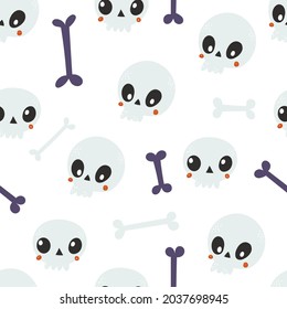 Vector color hand-drawn seamless repeating childish pattern with cute bones and skulls on a white background. Design for greeting card and invitation of seasonal fall holidays, halloween