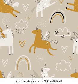 Vector color hand-drawn seamless repeating childish pattern with cute unicorns in Scandinavian style on a beige background. Kids texture for fabric, wrapping, textile, wallpaper, apparel. Horse.