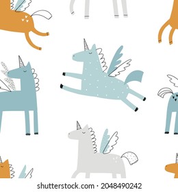 Vector color hand-drawn seamless repeating childish pattern with cute unicorns in Scandinavian style on a white background. Kids texture for fabric, wrapping, textile, wallpaper, apparel. Horse.