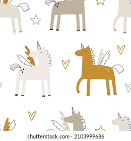 Vector color hand-drawn seamless repeating childish pattern with cute unicorns in Scandinavian style on a white background. Kids texture for fabric, wrapping, textile, wallpaper, apparel. Horse.