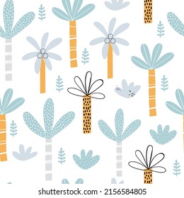 Vector color hand-drawn seamless repeating childish pattern with cute palm tree in Scandinavian style on a white background. Kids tropical texture for fabric, wrapping, textile, wallpaper, apparel.