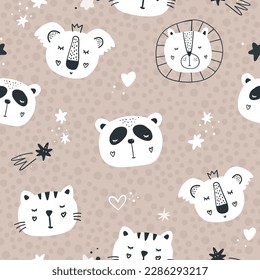 Vector color hand-drawn seamless repeating childish cute pattern with cute animals and hearts in Scandinavian style. Childish pattern with animal faces. Cute baby animals.