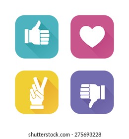 Vector color hands. Social network icons. Thumbs up icon. Like and Dislike icons. Victory sign. Flat style
