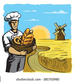 vector color happy chef and bakery on nature