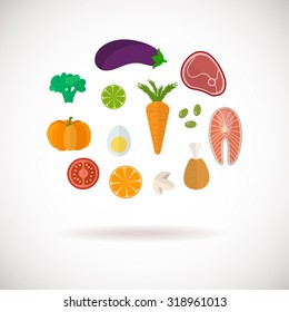 Vector color healthy food icons set. Healthy lifestyle illustration in flat style. Meat, fish, vegetables and fruits