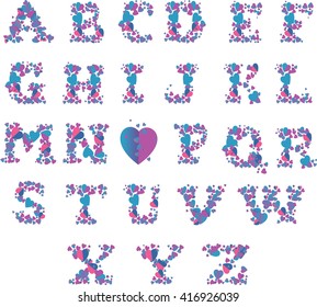 Vector color hearts alphabet on a white background