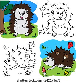 Vector color hedgehog and coloring book