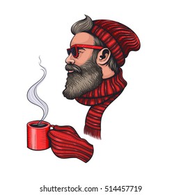 Vector Color Hipster Santa Coffee Cup Illustration