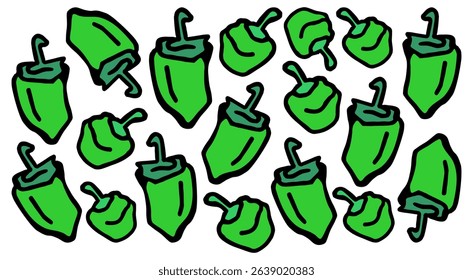 
Vector color horizontal banner with many green salad Bulgarian peppers on a white isolated background