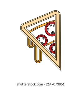 vector color icon with black outline pizza slice with cheese and salami sausage isolated on white background