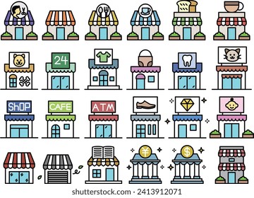 Vector color icon collection of shops in various industries