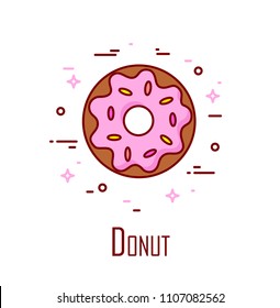 Vector color icon with donut on white background. Thin line flat design. Banner for fast food.
