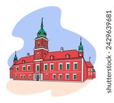 Vector color icon of Royal Castle on Castle Square, Warsaw Poland. Polish landmark set