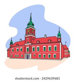 Vector color icon of Royal Castle on Castle Square, Warsaw Poland. Polish landmark set