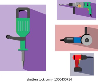 vector color icon set of power tools with background in flat style